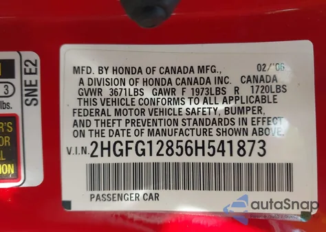 2006 Honda Civic Ex из США, поврежденный, VIN 2HGFG12856H541873